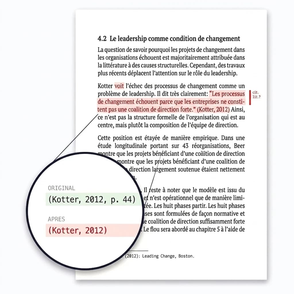 Loupe sur un passage : dans l'original figure (Kotter, 2012, p. 44), après le traitement le numéro de page manque.