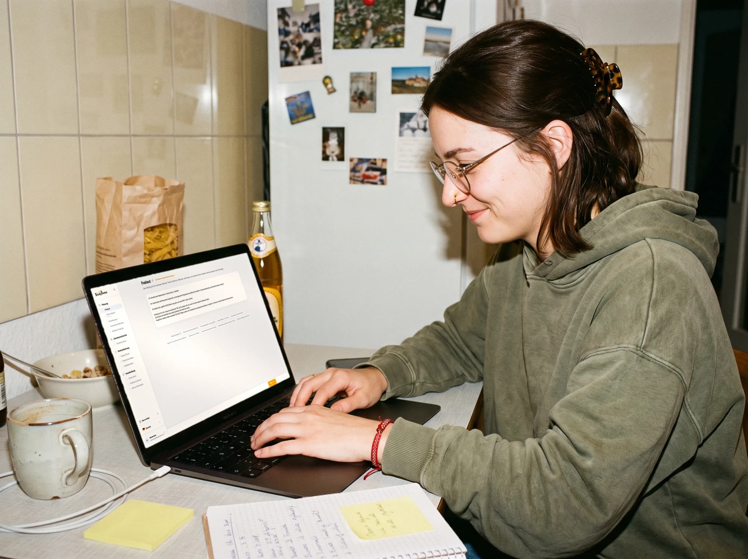 Studentessa che inserisce il suo tema in StudyTexter al tavolo della cucina