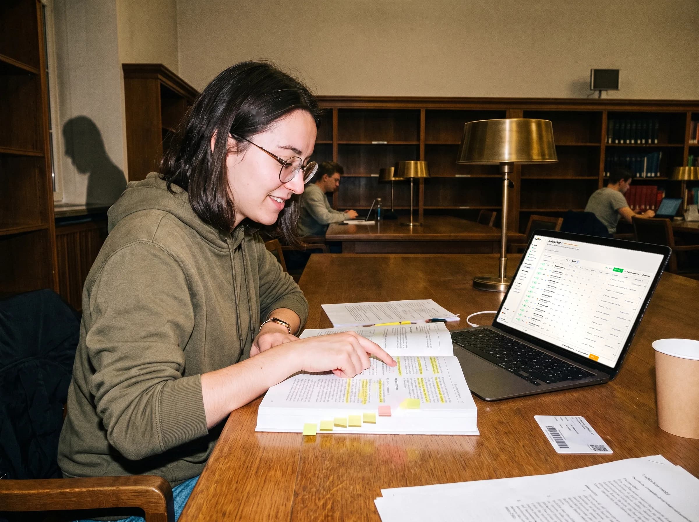 Student checking sources in the library with the StudyTexter source review on her laptop