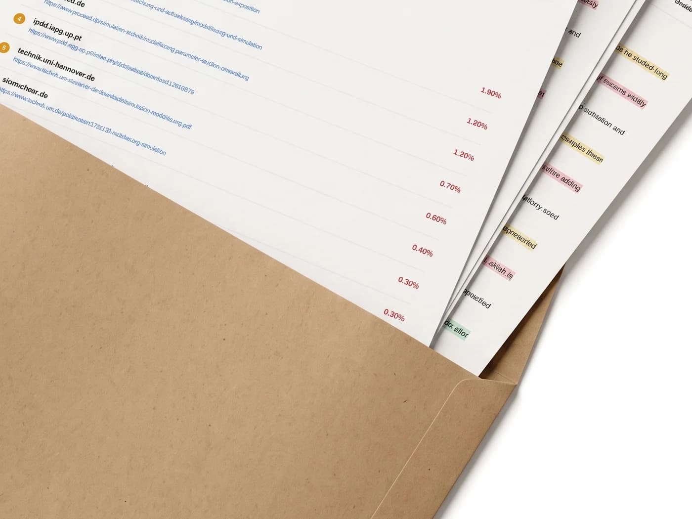 Printed pages of a plagiarism report with matched sources and their percentages, resting in a kraft paper document folder.