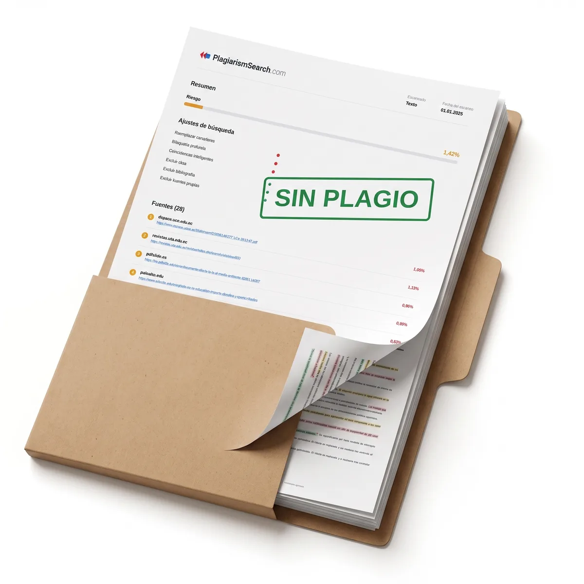 Un trabajo académico dentro de una carpeta de cartón, listo para subirlo al análisis de plagio.