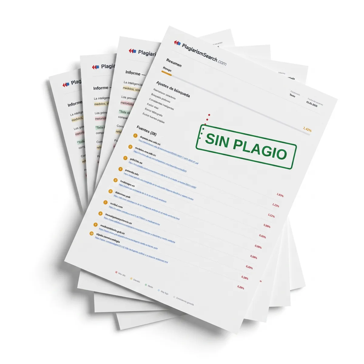 Varias páginas de un informe de plagio en español extendidas en abanico, una por cada tramo de longitud del documento.