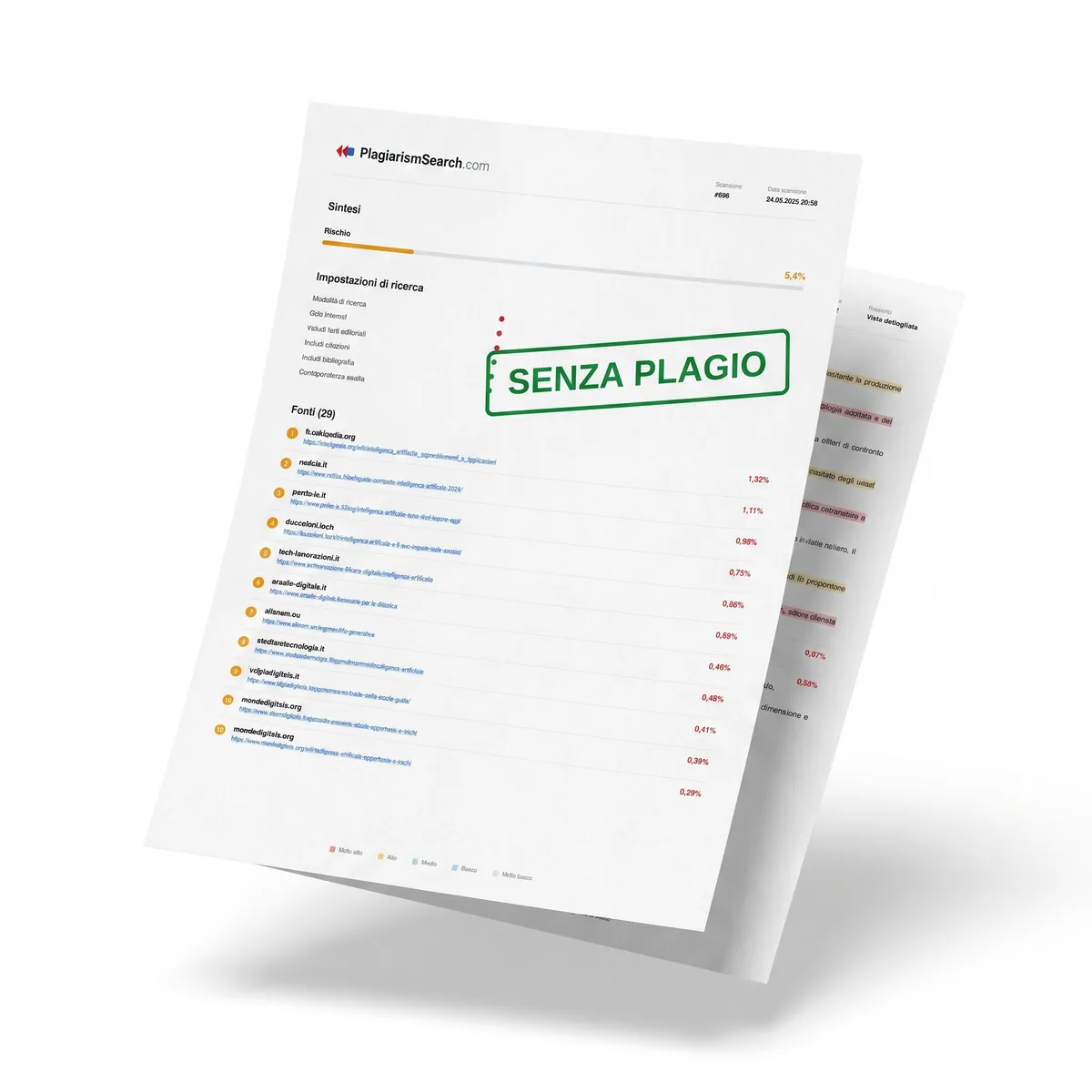 Esempio di rapporto antiplagio in italiano: sintesi con la percentuale di rischio, impostazioni di ricerca, elenco delle fonti trovate con la rispettiva percentuale e legenda dei livelli di corrispondenza.
