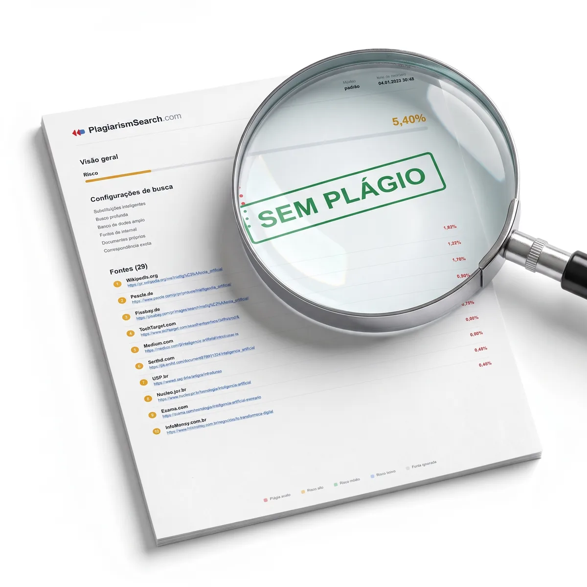 Uma lupa sobre a taxa de correspondência de um relatório de plágio do StudyTexter.