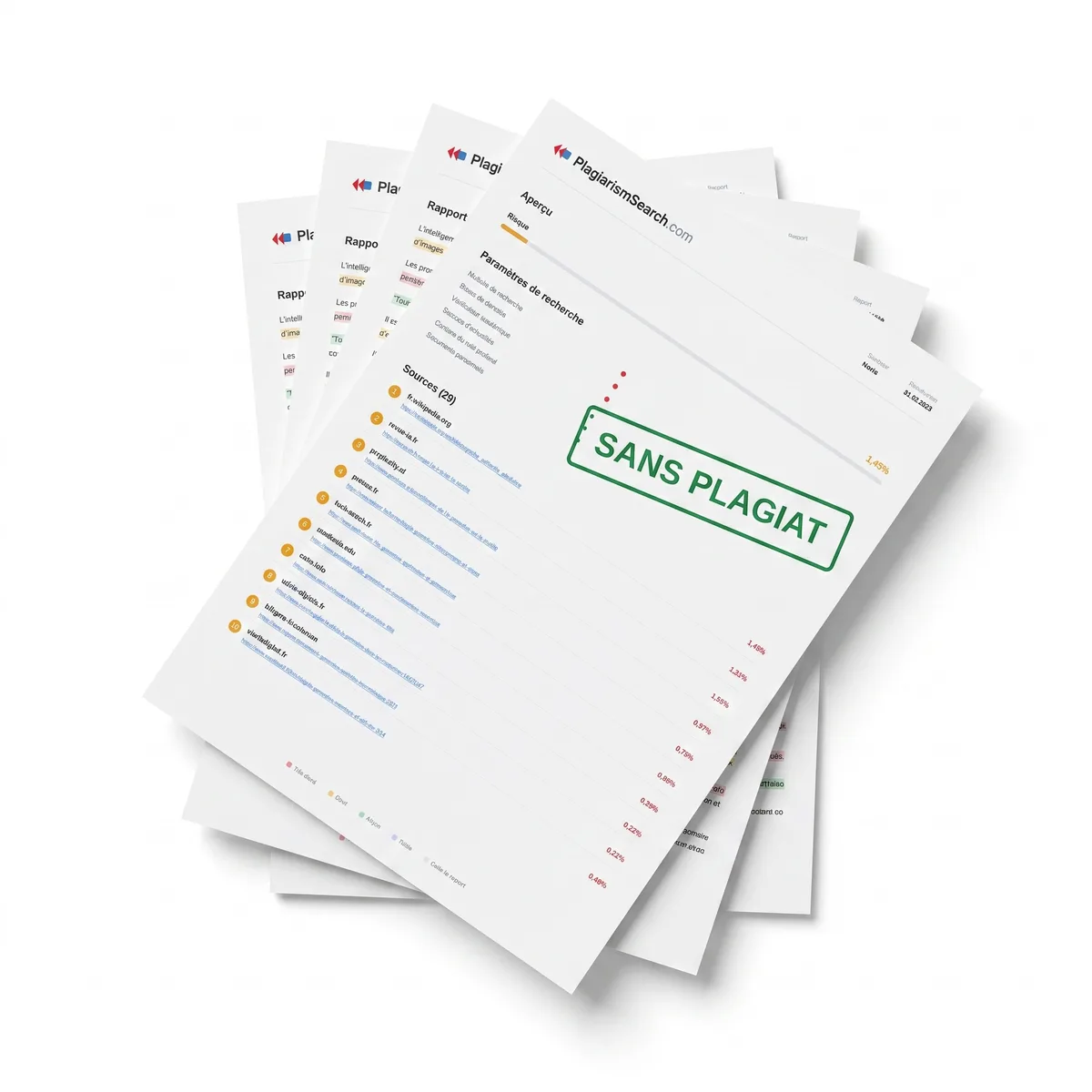 Plusieurs pages d'un rapport de plagiat étalées en éventail, une par tranche de longueur du document.