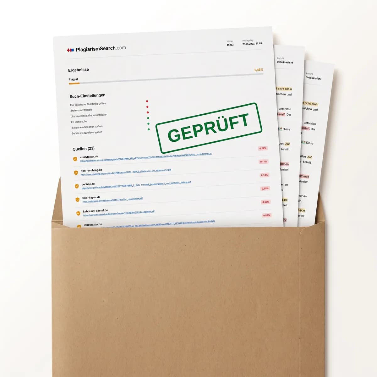 Eine wissenschaftliche Arbeit in einer Dokumentenmappe, bereit für den Upload zur Plagiatsprüfung.