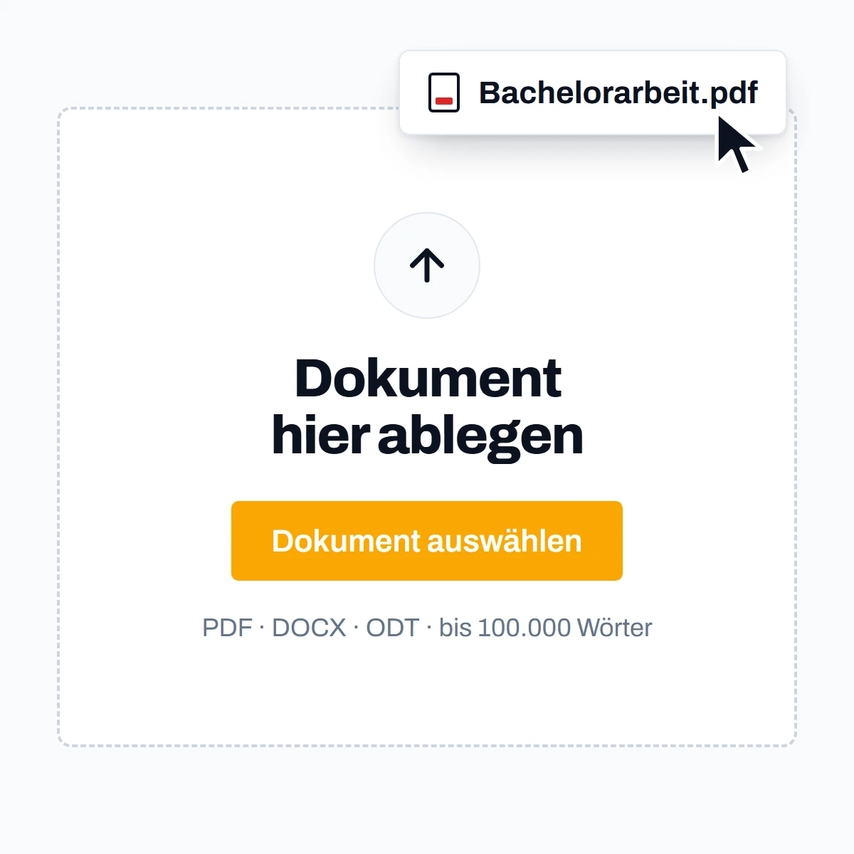Ablagefläche des Prüfbereichs: Die Datei Bachelorarbeit.pdf wird hineingezogen, darunter der Button „Dokument auswählen“.