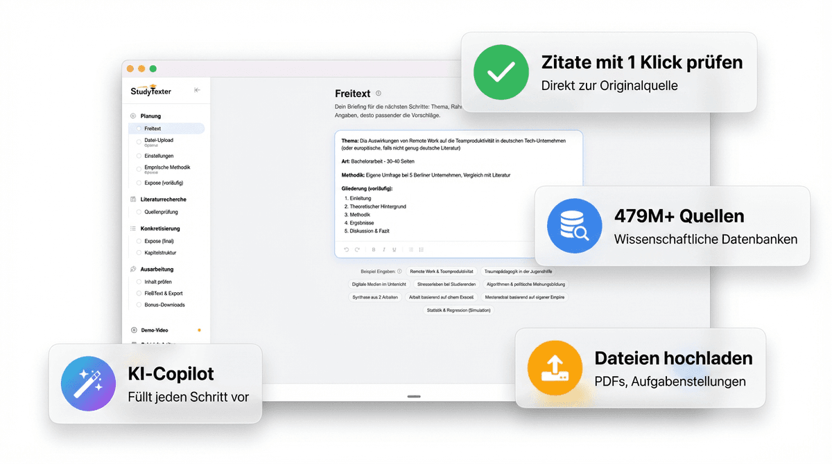 StudyTexter interaktiver Editor mit Kapitelstruktur und Zitaten