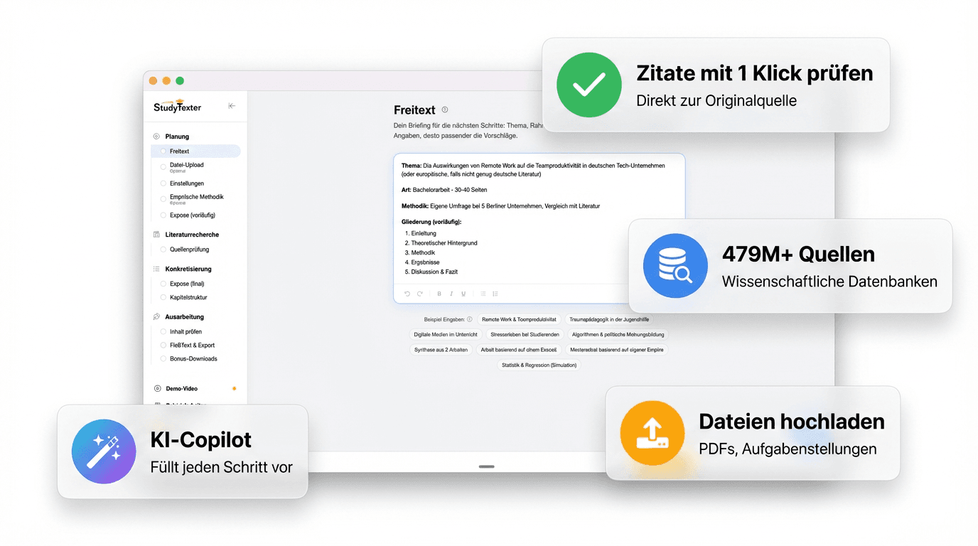 StudyTexter interaktiver Editor mit Kapitelstruktur und Zitaten