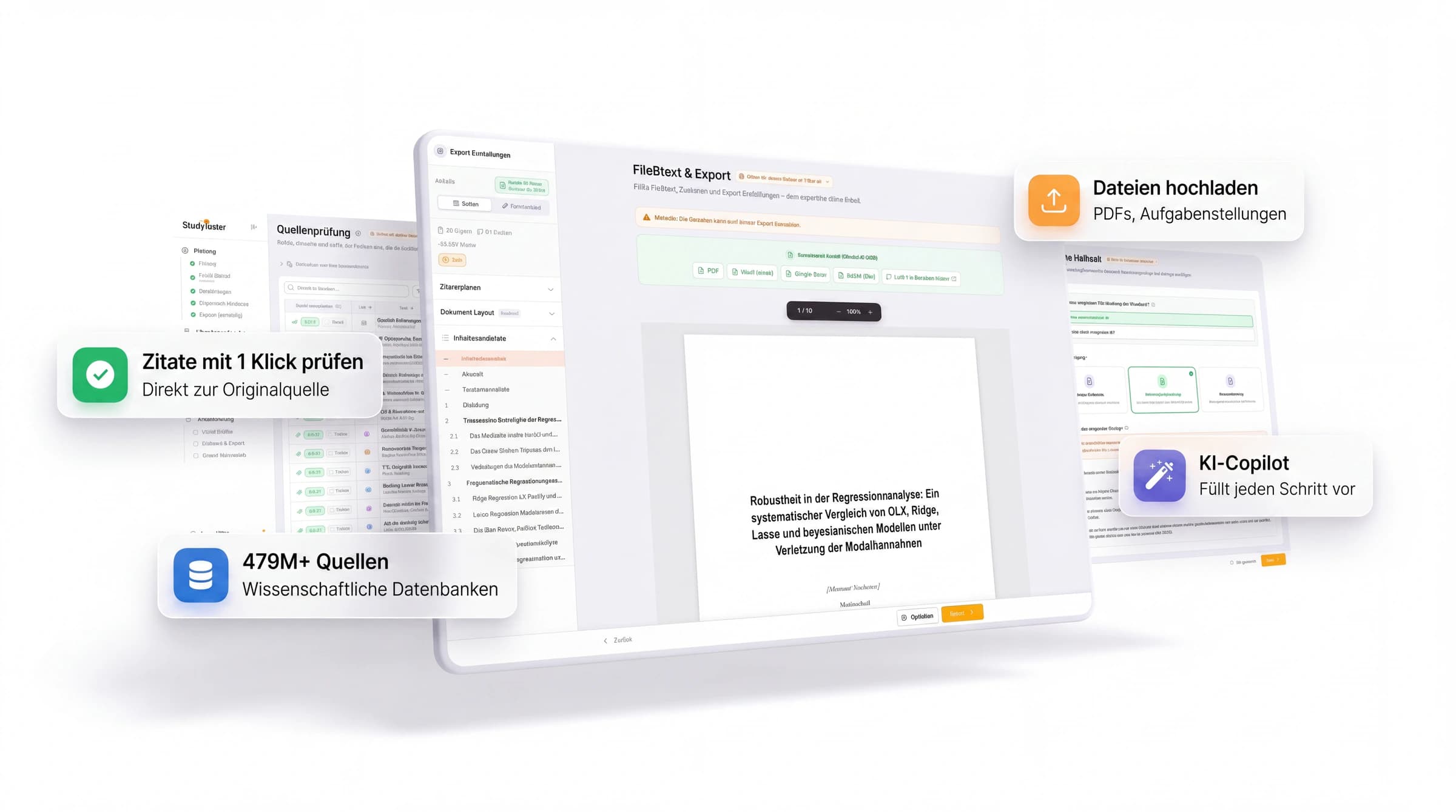 StudyTexter-Editor mit Kapitelstruktur und Quellen