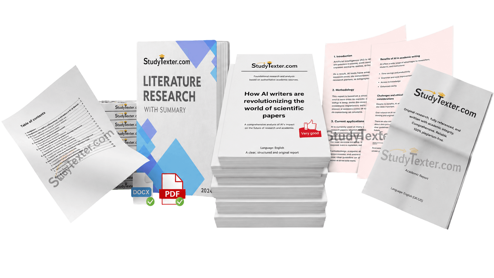 StudyTexter deliverables: finished paper, literature research, plagiarism report and AI check