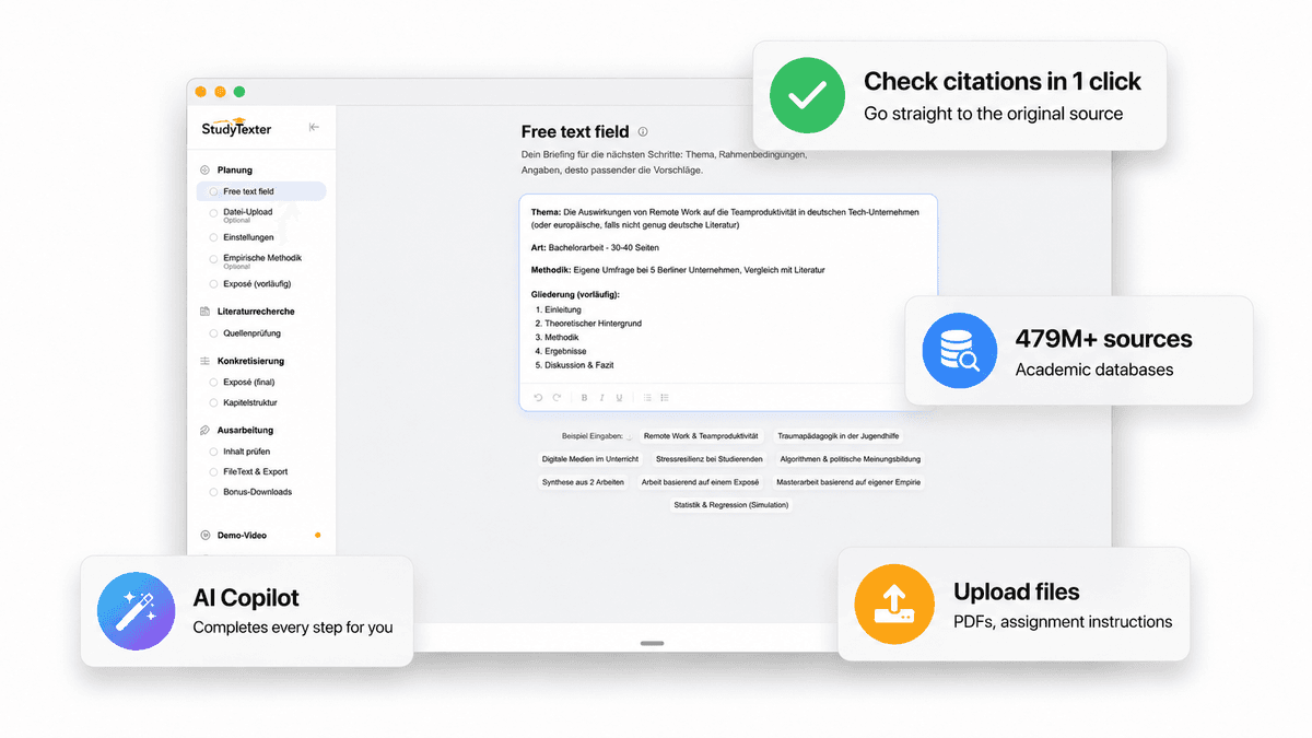StudyTexter interactive editor with chapter structure and citations