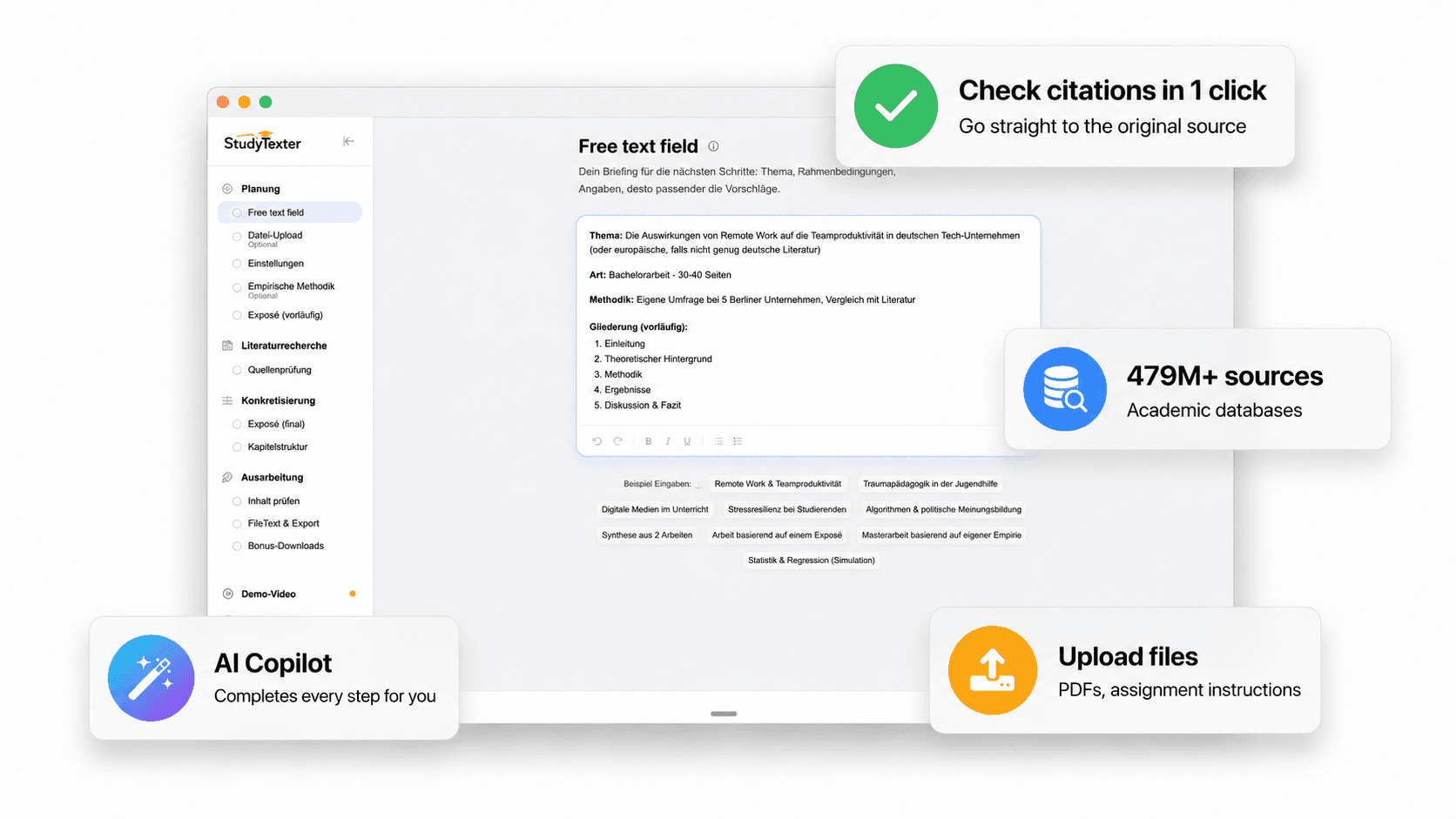 StudyTexter interaktiver Editor mit Kapitelstruktur und Zitaten