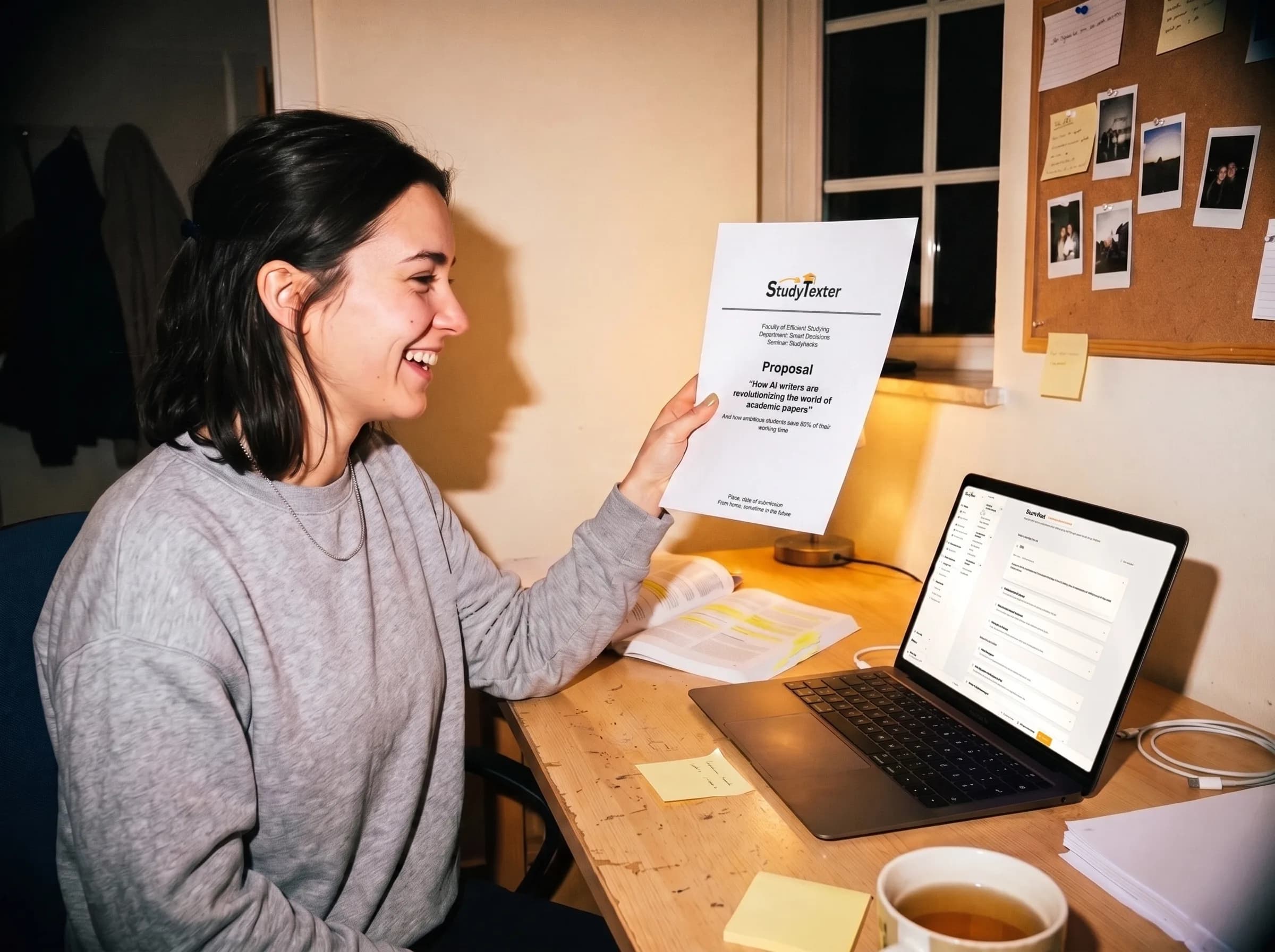 Student holding up her finished proposal next to the StudyTexter editor on her laptop
