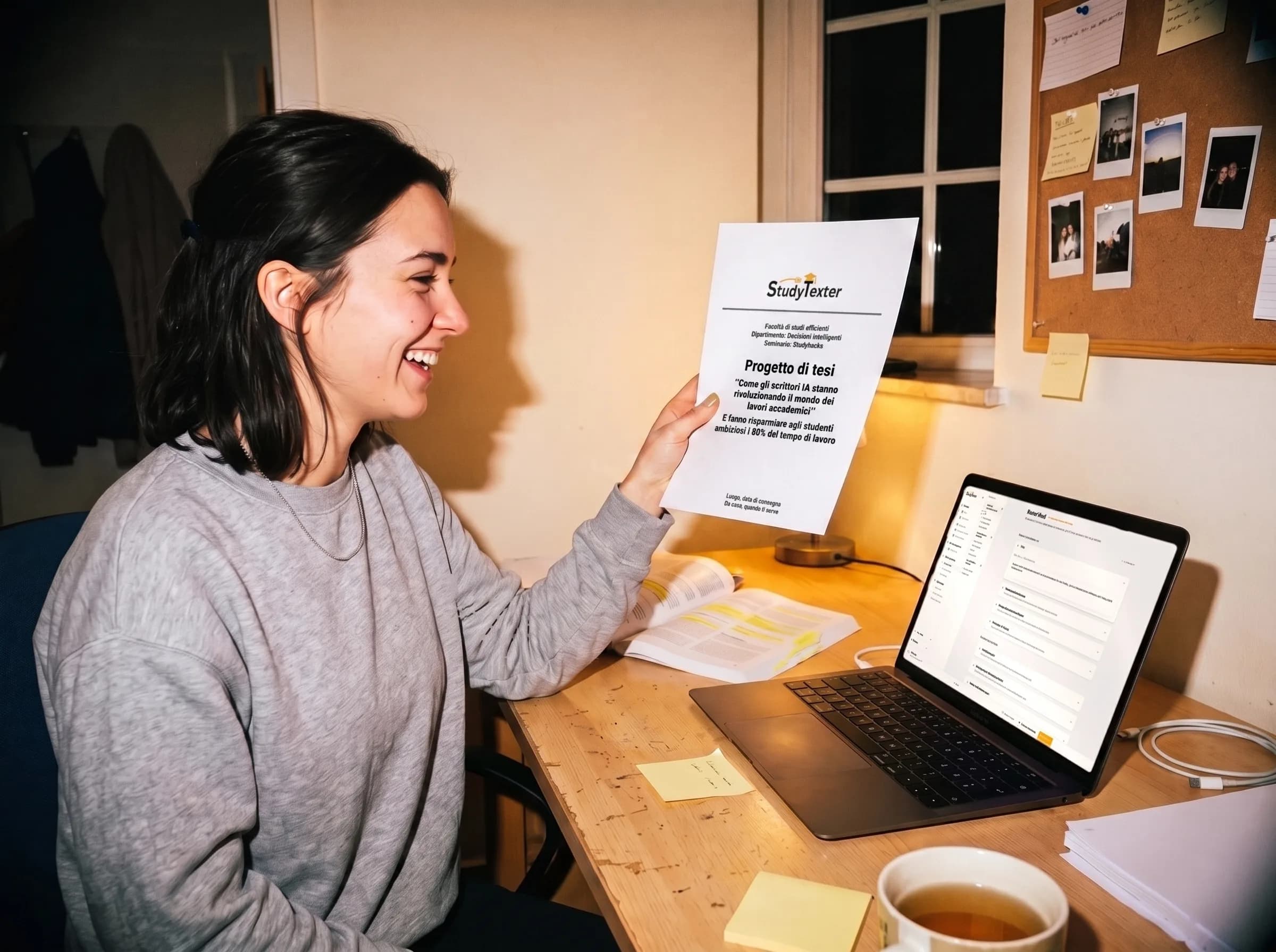 Studentessa che mostra il suo progetto di tesi finito accanto all'editor StudyTexter sul portatile