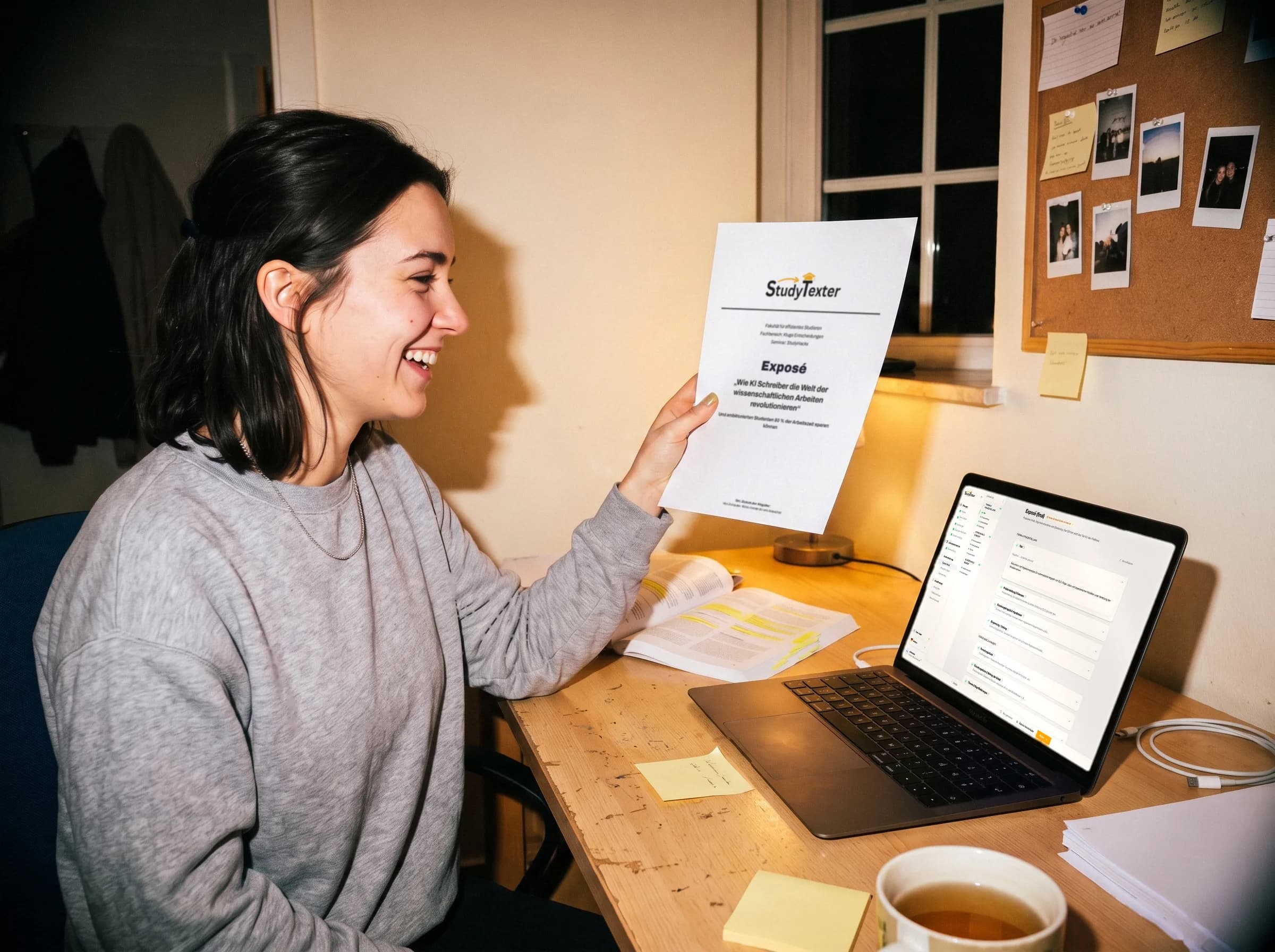 Studentin hält ihr fertiges Exposé hoch, daneben der StudyTexter Editor auf dem Laptop