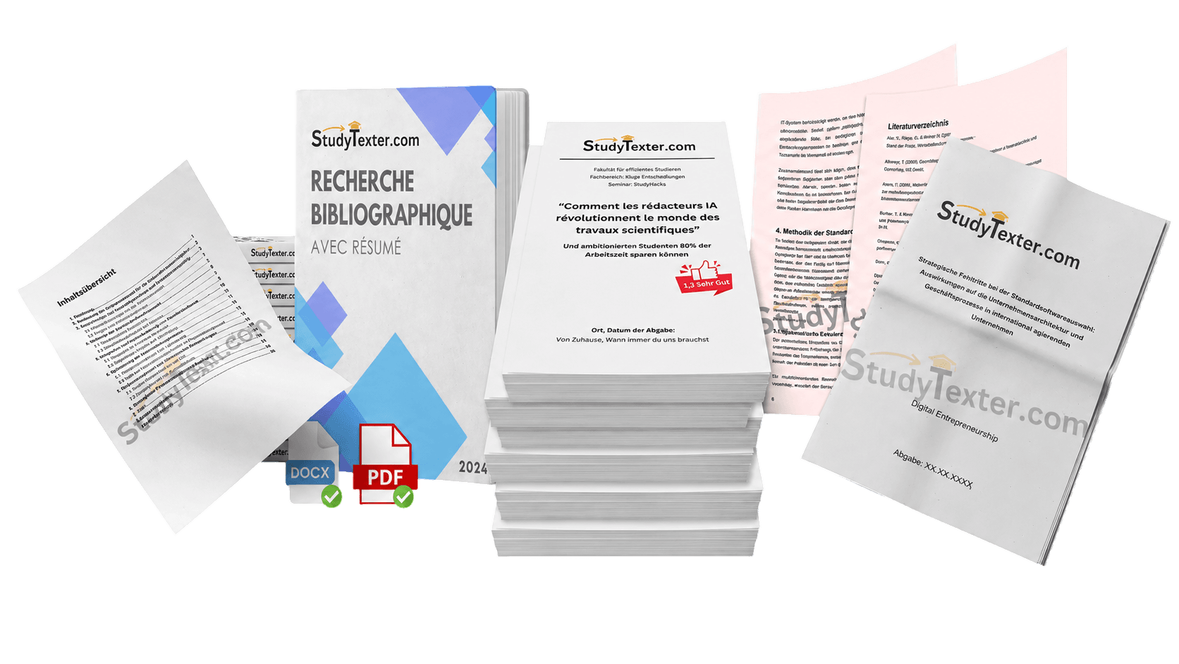 StudyTexter deliverables: finished paper, literature research, plagiarism report and AI check