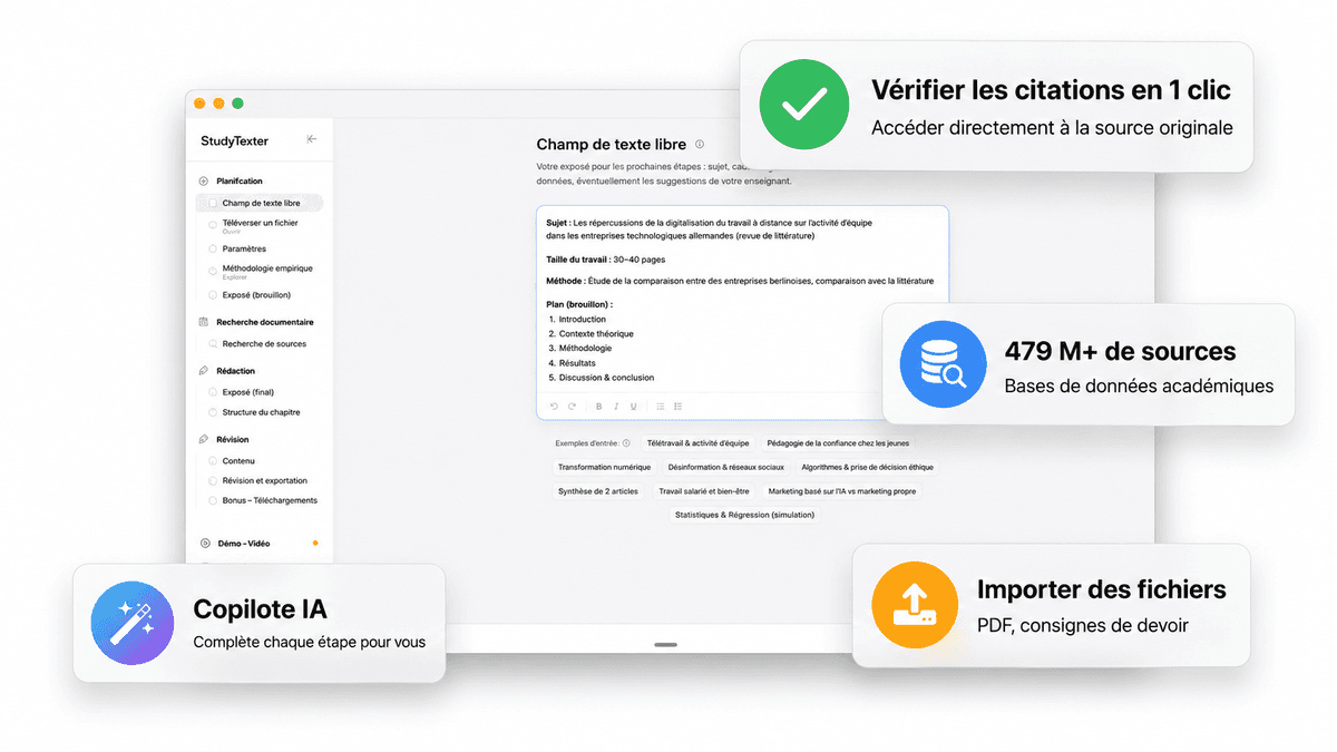 StudyTexter interactive editor with chapter structure and citations