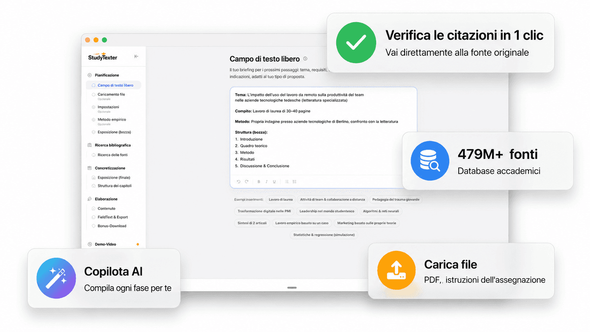 Editor interattivo StudyTexter con struttura e citazioni