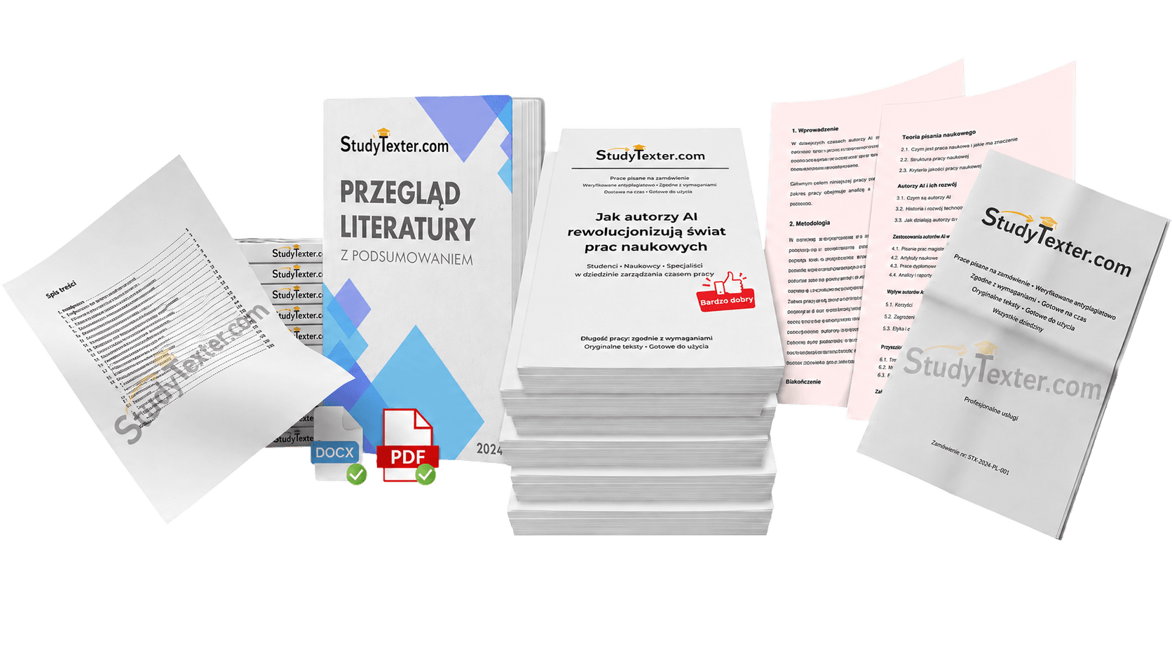 StudyTexter deliverables: finished paper, literature research, plagiarism report and AI check