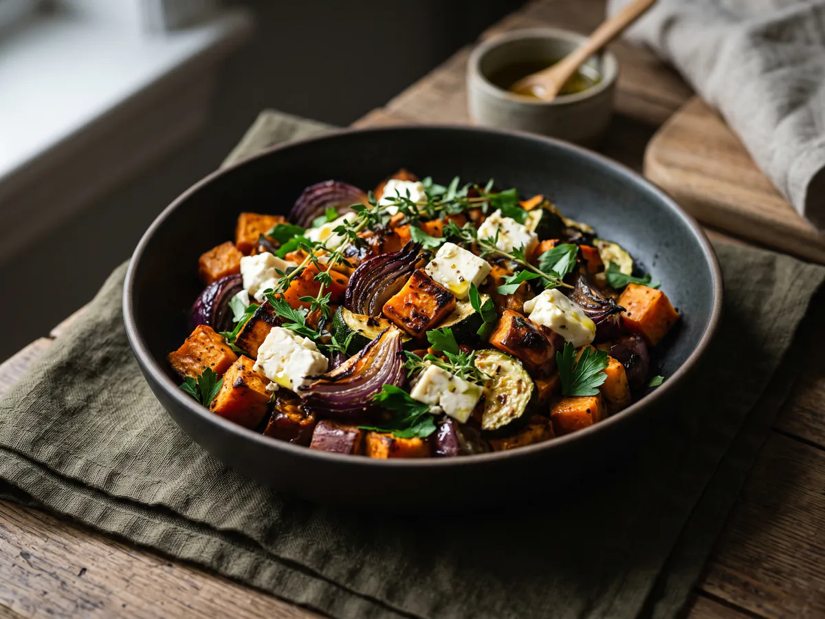 Ofengemüse mit Feta, Süßkartoffel und roten Zwiebeln in einer dunklen Schüssel