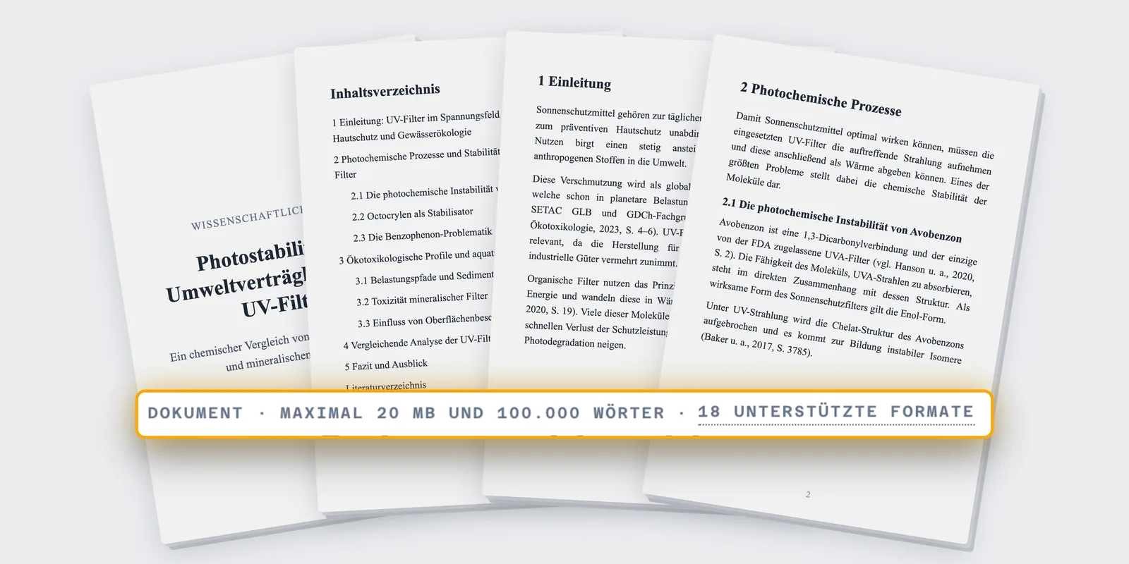 Aufgefächerte Seiten einer wissenschaftlichen Arbeit mit der Upload-Grenze: maximal 20 MB und 100.000 Wörter, 18 unterstützte Formate