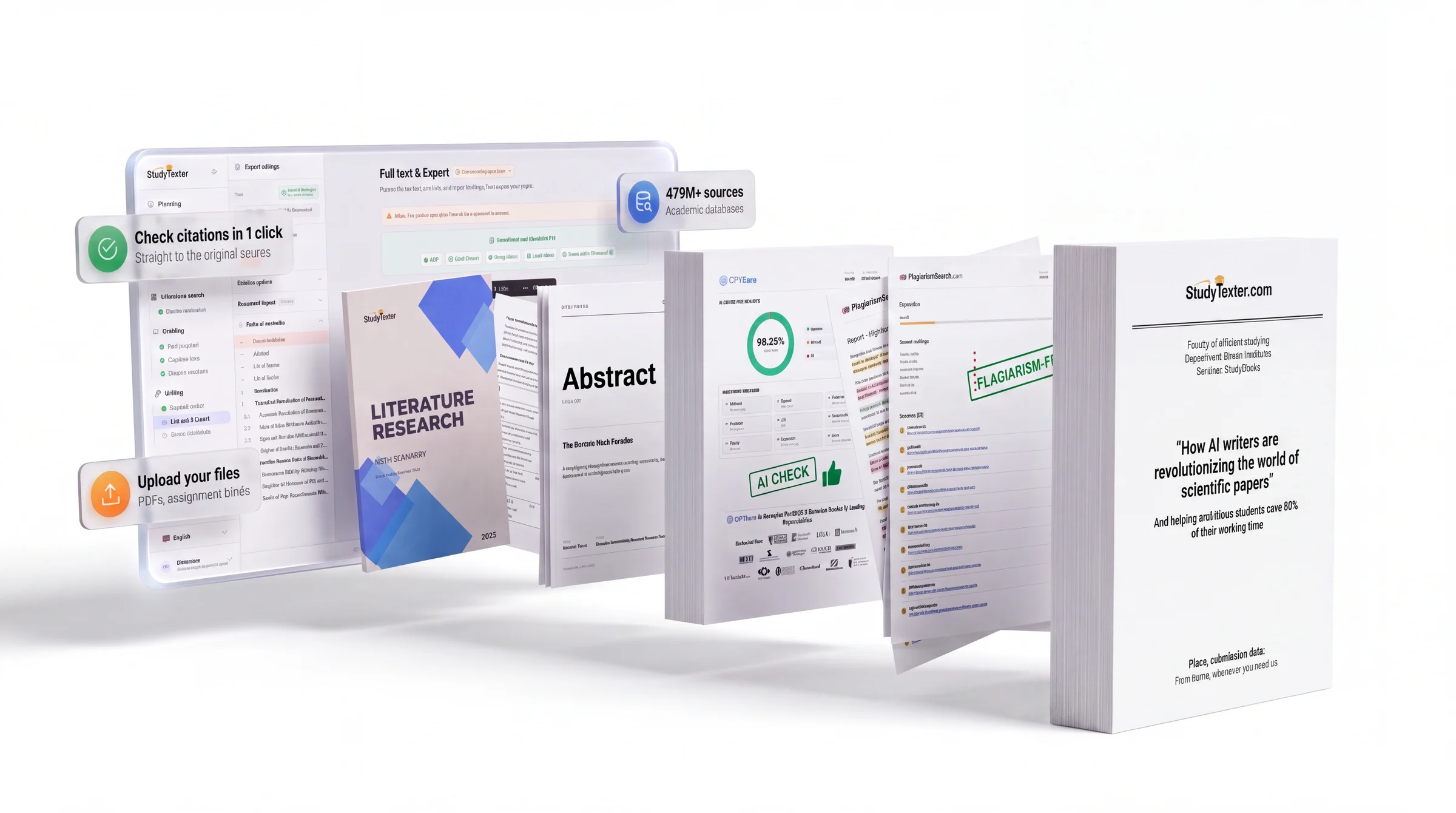 What StudyTexter delivers: finished paper, literature research, plagiarism report and AI check