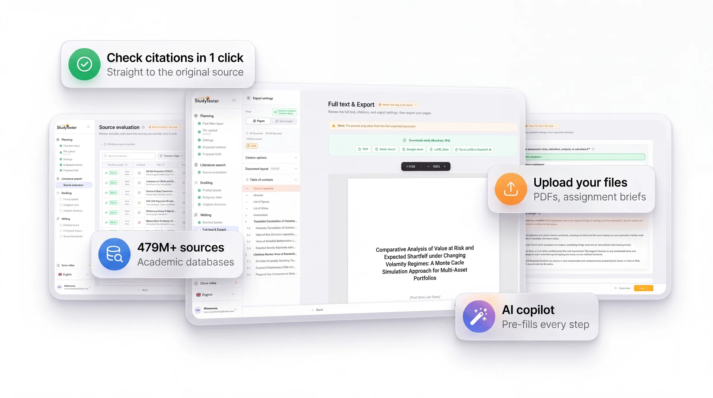 StudyTexter interactive editor with chapter structure and citations