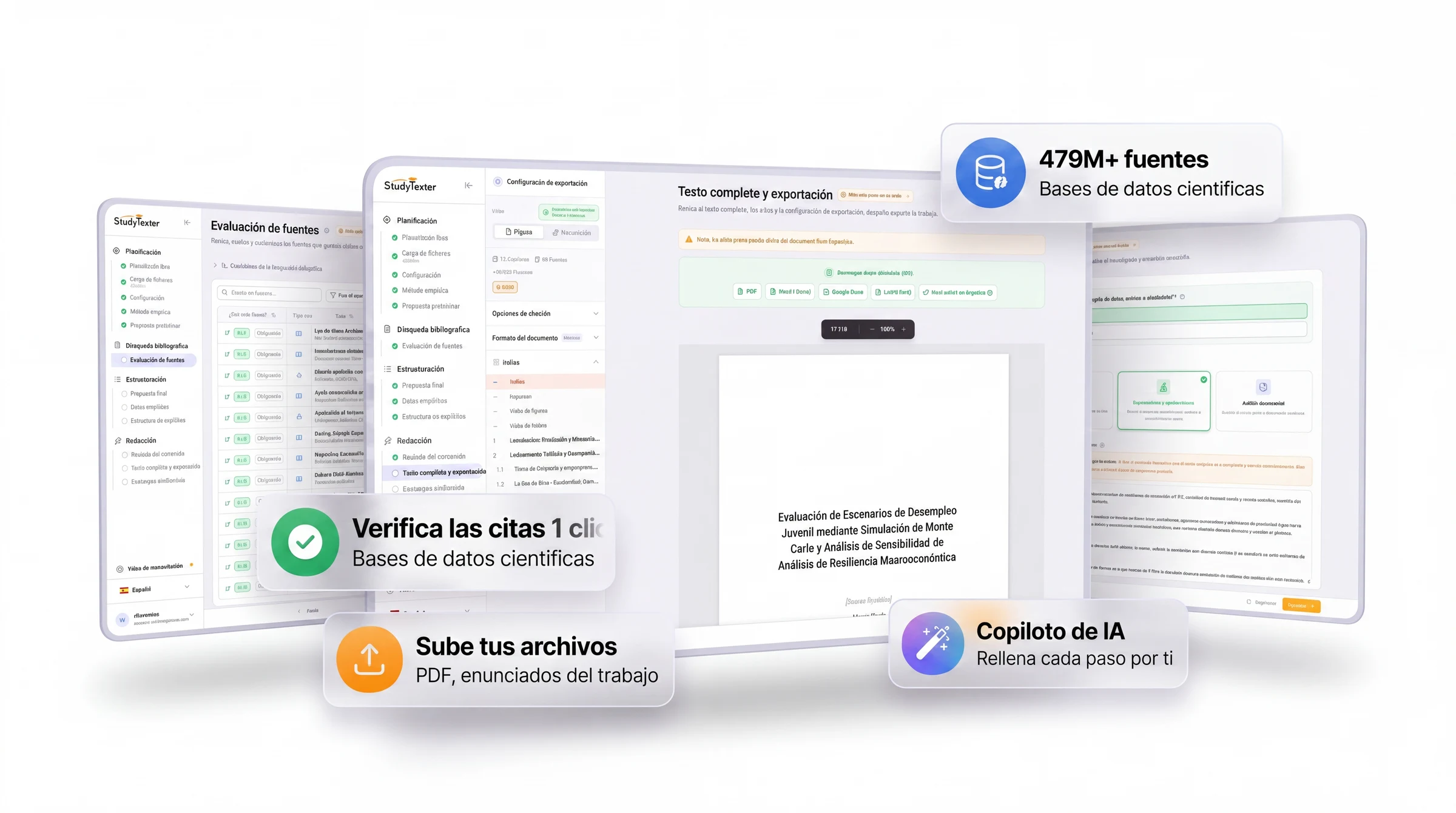 Editor interactivo de StudyTexter con estructura de capítulos y citas