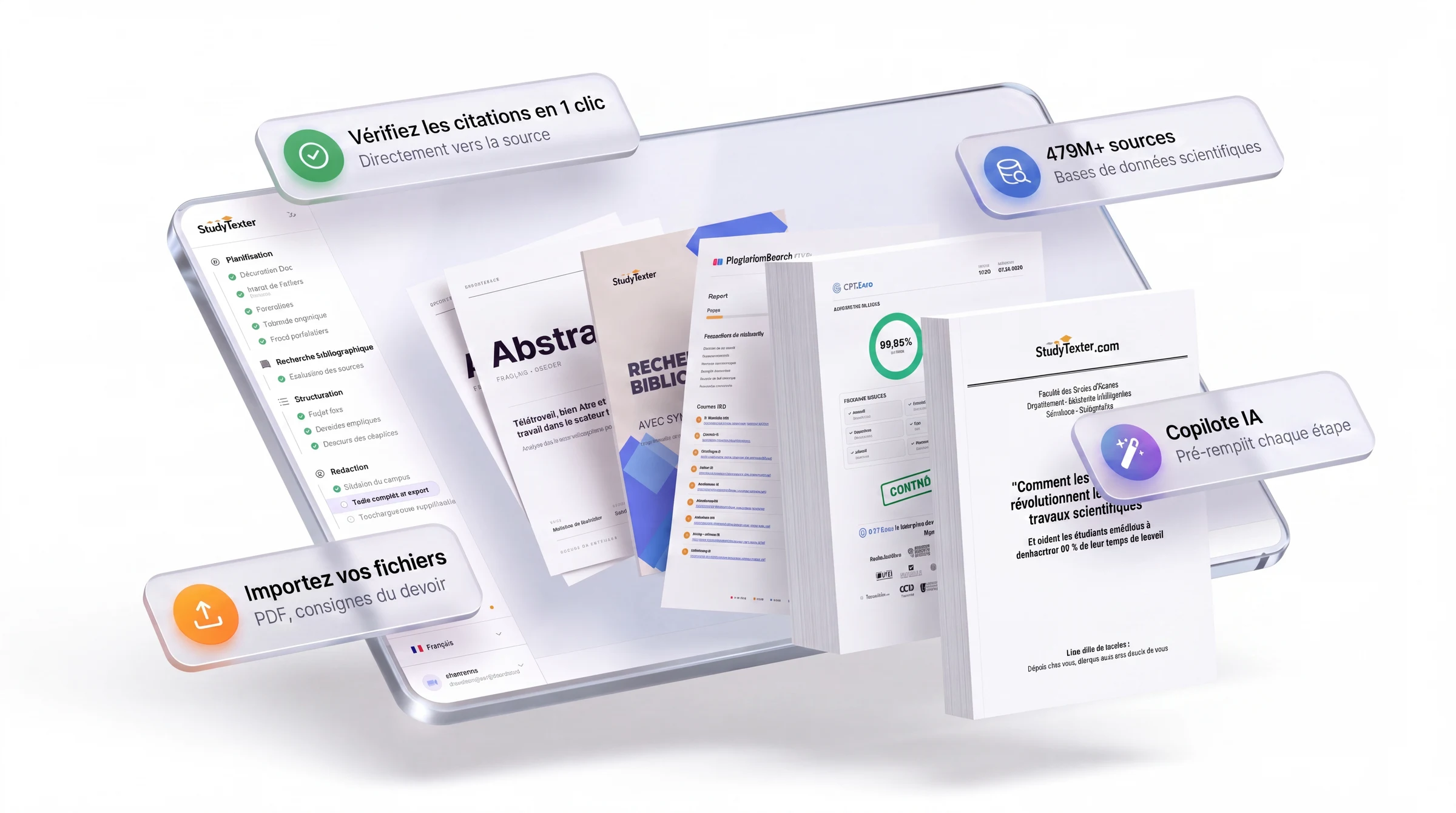 Ce que livre StudyTexter : travail terminé, recherche bibliographique, rapport anti-plagiat et contrôle IA