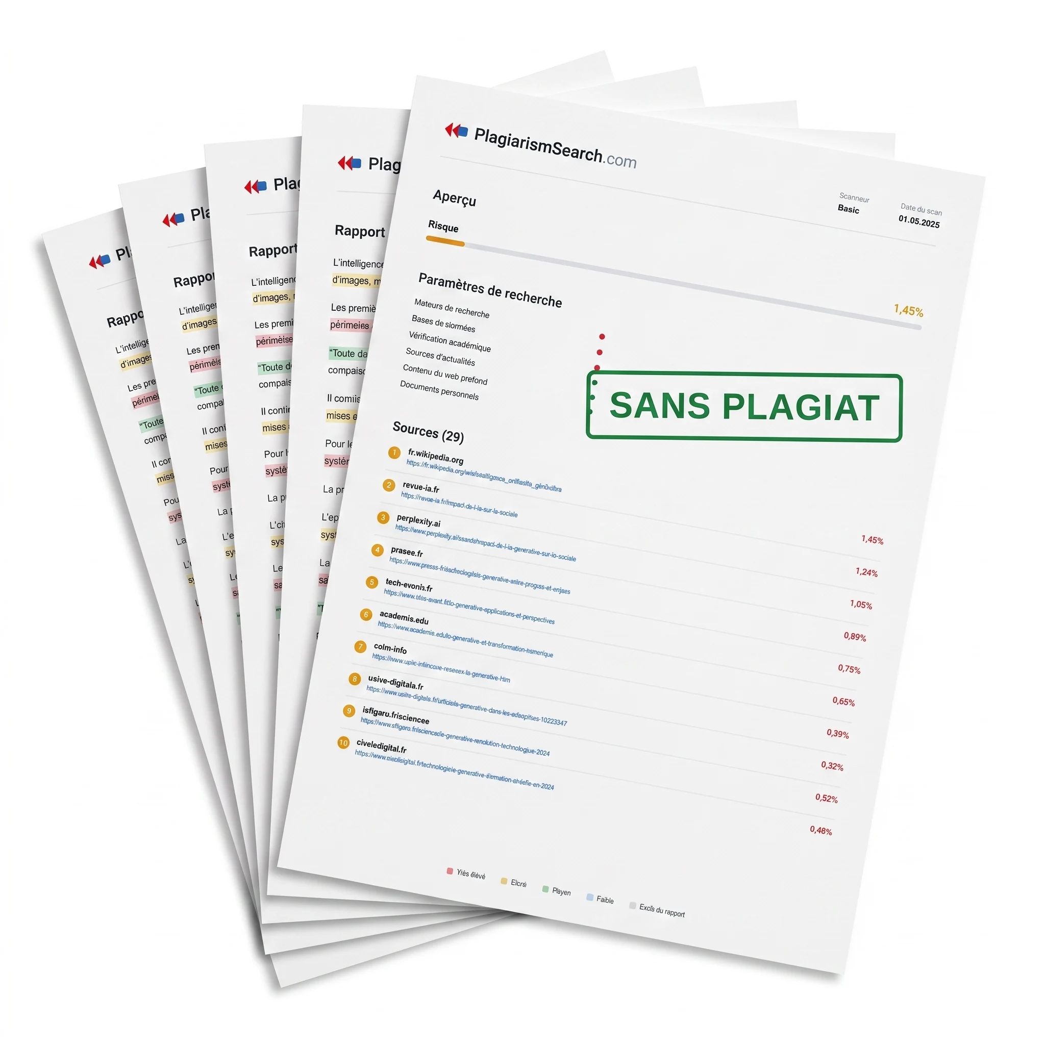 Rapport anti-plagiat PlagiarismSearch avec tampon de vérification