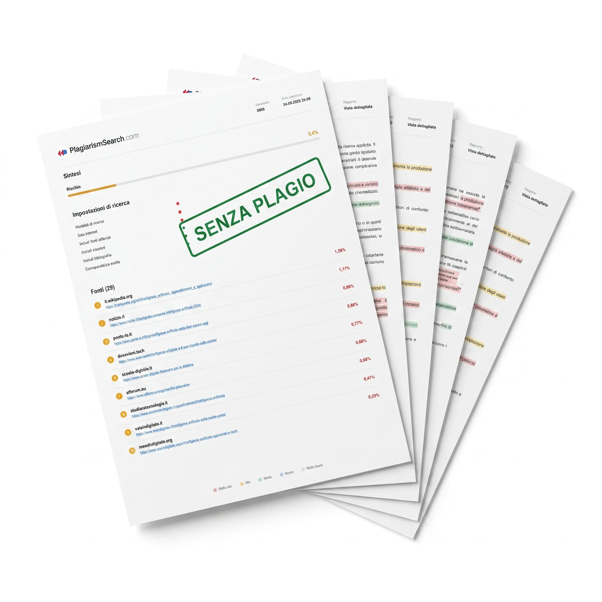 Report antiplagio di PlagiarismSearch con timbro di verifica