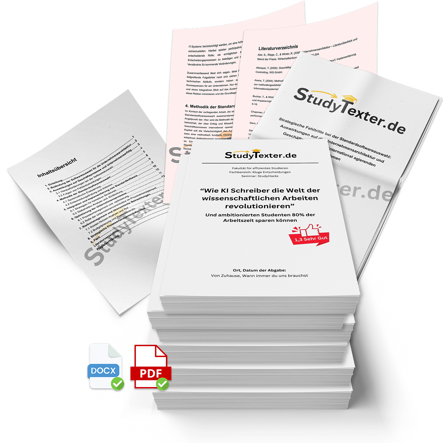 Gebundene Hausarbeit mit StudyTexter-Cover, daneben ein gedruckter Papierstapel