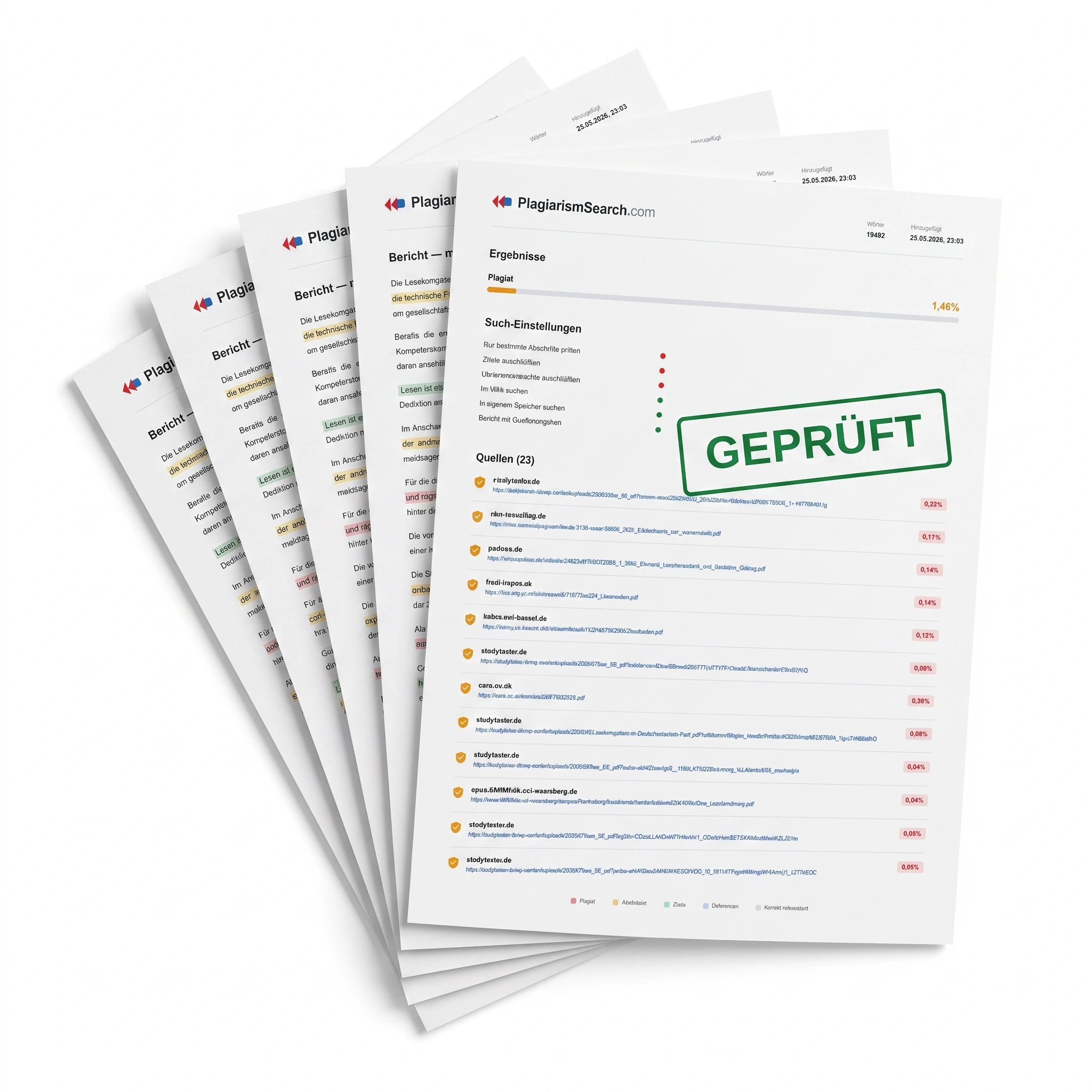 Plagiatsbericht von PlagiarismSearch mit GEPRÜFT-Stempel