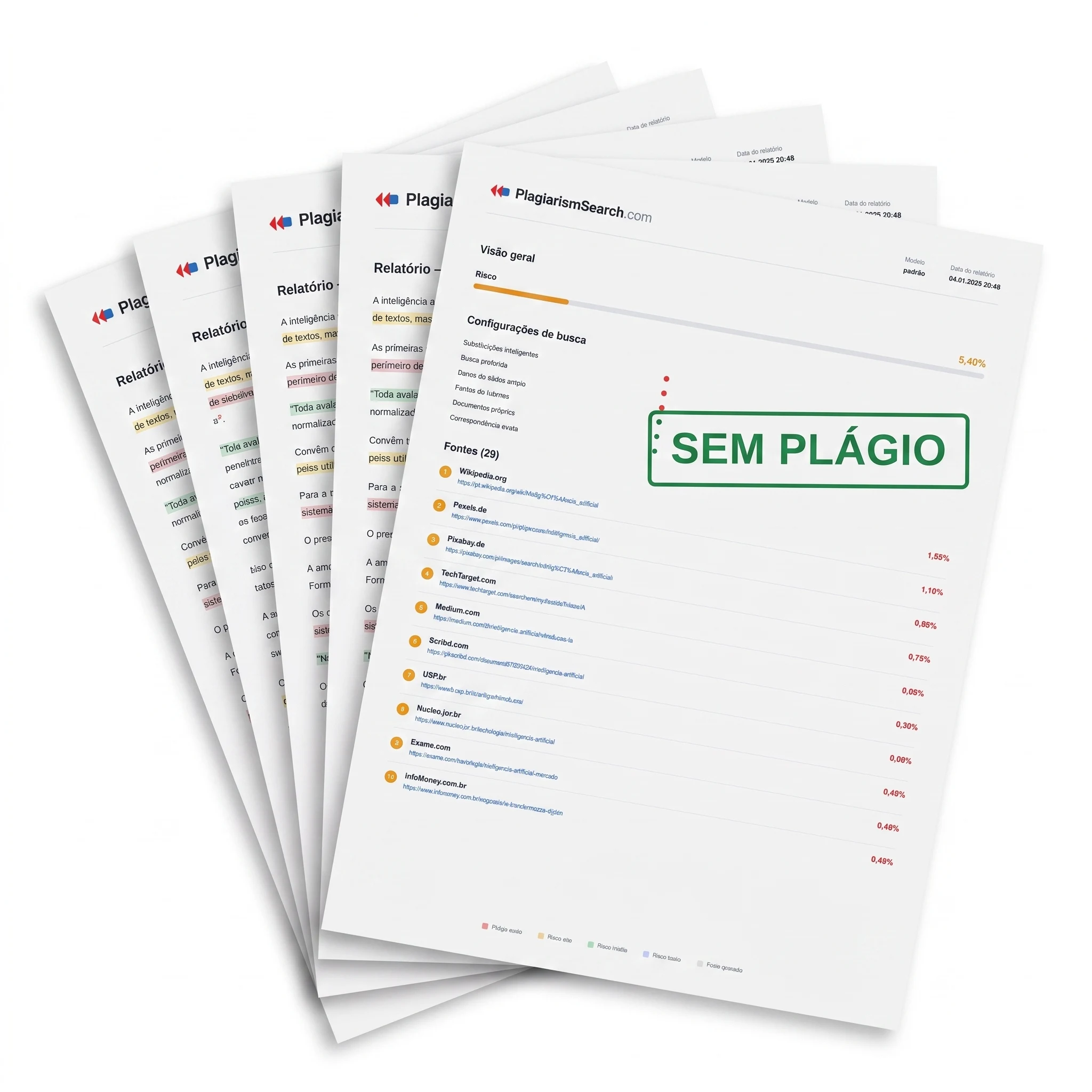 Relatório de plágio da PlagiarismSearch com selo de verificação