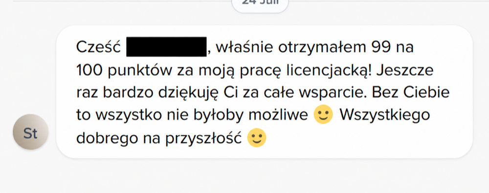 Opinia klienta: 99 na 100 punktów za pracę licencjacką