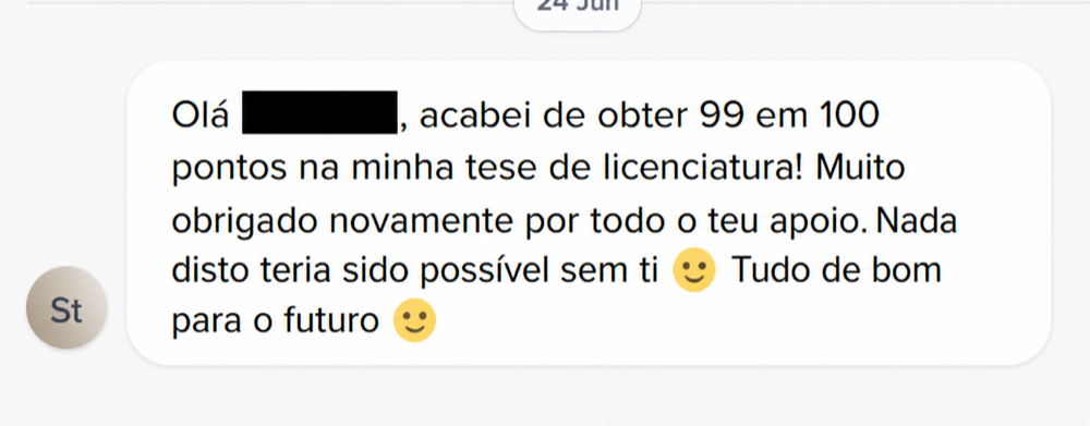 Avaliação de cliente: 99 em 100 pontos numa tese de licenciatura