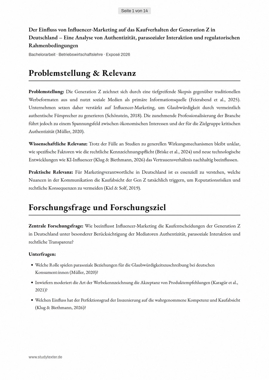 Innenseite des Exposés mit Problemstellung, Forschungsfrage und Unterfragen, mit Quellenangaben