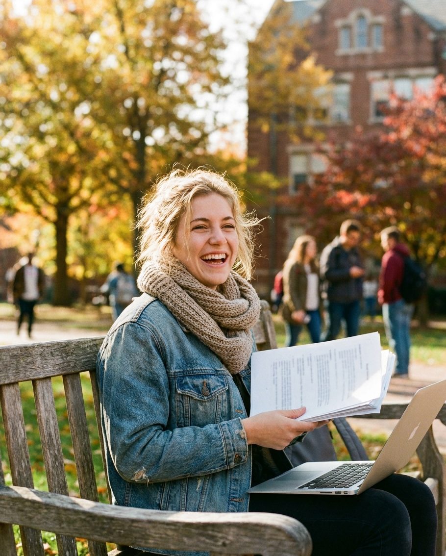Studentin freut sich auf dem Campus über ihr fertiges Exposé