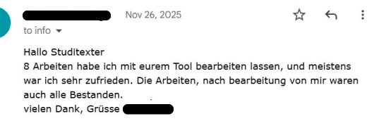 Mail: 8 Arbeiten habe ich mit eurem Tool bearbeiten lassen. Die Arbeiten, nach Bearbeitung von mir, waren auch alle bestanden.
