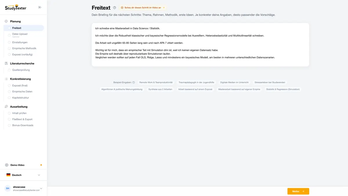 StudyTexter Schritt 1: Freitext (Screenshot)